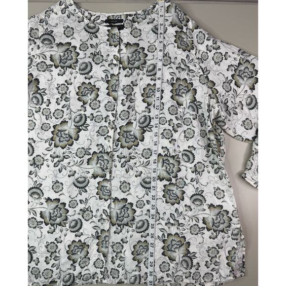 Tahari Womens Linen Tunic Top 2X Gray Black Floral Button Front Roll Tab Flowy - Picture 10 of 16